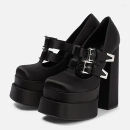 Dress Shoes Square Toe Platform Thick Bottom Super High Heel Single Female Buckle Solid Saltos Alto Femininos