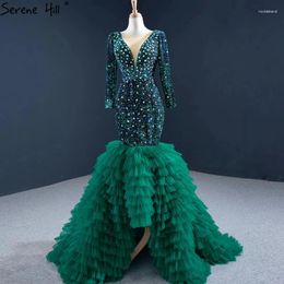 Party Dresses Serene Hill Dubai Green Mermaid Tiered Evening 2024 Long Sleeves Beading Formal Dress Design HM67186