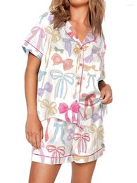 Home Clothing Women's Satin Pajama Set Lapel Neck Button Down Short Sleeve Tops Elastic Waist Shorts 2 Pieces Lounge Sleepwear
