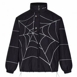 men Winter Down Jackets Spider Web Embroidery Pattern Parkas Harajuku Hip Hop Padded Coat Motorcycle Bubble Warm Streetwear N6fQ#