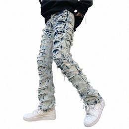 2023 Y2K Streetwear Slim Fit Stacked Jeans Pants Men Patchwork Hip Hop Straight Denim Trousers y7uJ#