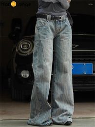 Women's Jeans HanOrange 2024 Spring Retro Distressed Striped Low Waist Flare Women Long Denim Pants Vintage Blue