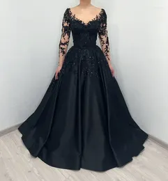 Party Dresses Black Evening Long Satin Lace Applique Beaded Sparkly Full Sleeves Elegant Ball Gown Women Prom Gowns Formal Dress