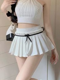 Jmprs Cute Bow White Pleated Skirt Women Kawaii High Waist Dance Sweet Preppy Style Patchwork Lady Sexy Mini A Line 240328