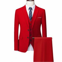 pure Colour Suit 3 Piece Men's Wedding Party Dr Jacket Vest Trousers Fi Slim Fit Blazer Waistcoat Pants Red Blue Green h8sP#