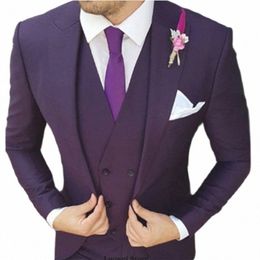 2023 Fi Purple Slim Fit Men Suits 3 Piece Wedding Tuxedo Groom Jacket Vest Pants Set Formal Busin Blazer Costume Homme 62Kc#