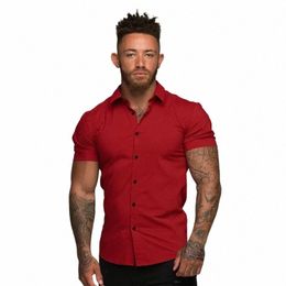 summer Fi Short Sleeve Shirt Men Solid Super Slim Fit Male Social Busin Dr Shirt Brand Men Gym Fitn Sport Clothing X1Zn#