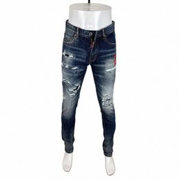 street Fi Men Jeans High Quality Retro Blue Elastic Slim Fit Ripped Jeans Men Patch Designer Hip Hop Brand Pants Hombre Y3We#