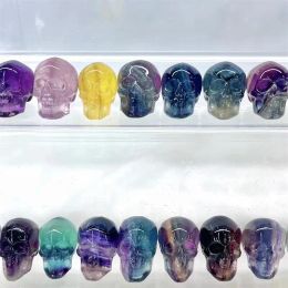 Sculptures Natural Rainbow Fluorite Skull Crystal Hand Carved Statue Reiki Healing Mineral Stone Crafts For Halloween Decoration Gift 1PCS