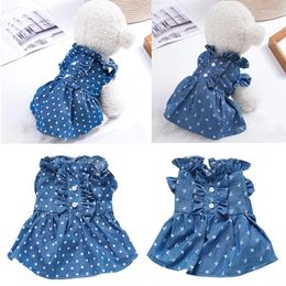 Dog Apparel Denim Skirt Flying Sleeves Princess Cat Jumpsuit Dress Dots&Bow Design Pet Puppy Spring/Winter