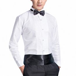 men White Wedding Shirt With Bowtie Lg Sleeves Frt Pleated Mens Banquet Dr Shirts Bridegroom C3md#