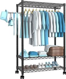 Hangers Heavy Duty Clothing Hanger Individual Portable Wardrobe With 3 Adjustable Wire Racks Black