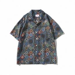 men Summer Vintage Fr Print Fi Loose Casual Short Sleeve Beach Shirts Male Korean Net Celebrity Dr Shirts Blouses T72W#