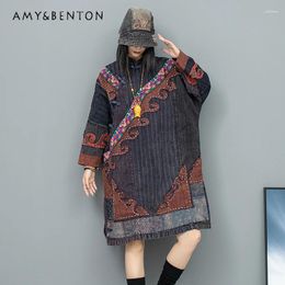 Casual Dresses Retro Style Vestidos Hand Embroidery Map Oblique Buckle Old Cloth Stitching Long Sleeve Mid-Length Robe Spring Loose Dress