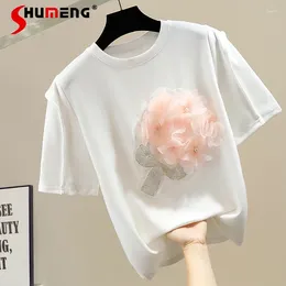 Women's T Shirts Fashion Bead Contrast Color T-Shirts Sweet Tridimensional Flower Round Neck Pullover Short Sleeve T-shirt All-Matching Nice