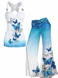 women's Butterfly Floral Art Casual Tank Top 3D All Over Printed Women Sexy Tank Top+Flare Wide Leg Pants Y9Tl#