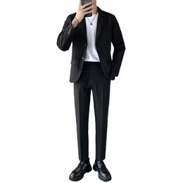 men's Formal Suit Set Wedding Party Dr Black Gray Busin Office Blazer Trousers Korean Fi Draped Youth Suit Jacket X83p#