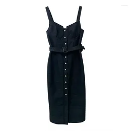 Casual Dresses Lady Elegant Style Black Vintage Wear Women Rhinestone Single-breasted Sleeveless Slim Fitted Slip Midi Dress