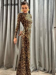 Fashion Leopard Print Bodycon Maxi Dres Elegant Half High Collar Long Sleeved Slim Robes 2024 Ladies Party Prom Gowns 240322