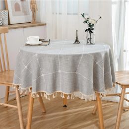 Pads Threedimensional Jacquard Checkered Round Tablecloth,Cotton Linen Tassels DustProof Table Cover,For Dinner Party Wedding Decor