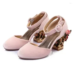 Dress Shoes Sweet Pink Velvet Flower Bird Cage Heels Sandals Summer Metal Chunky Woman Ankle Strap Wedding