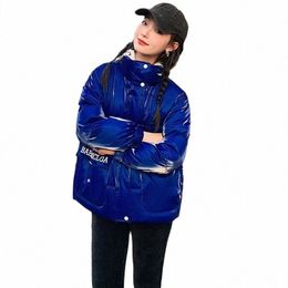 2023 Fi Glossy Winter Short Coat Women Cott-padded Jacket Hooded Outerwear Schoolgirl Thicken Overcoat Loose Letter Parka 85e8#