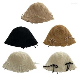 Berets Straw Weaving Bucket Hat With Bowknot Decals Summer Spring Floppy For Girl D46A