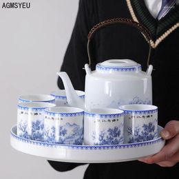 Teaware Sets Large Capacity Ceramic Teapot Portable Chinese Blue And White Tea Cup Tray Set 1000ml 150ml