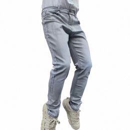 new Four Seas Men Classic Jeans Grey Fi Straight Regular Fit Stretch Denim Lg Trousers Men's Smart Pants For Male h7g2#