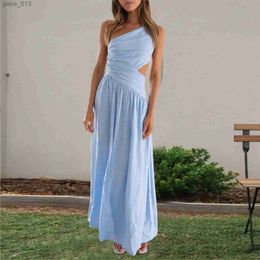 Basic Casual Dresses Summer Vacation Backless Beach Long Dress for Women Elegant Light Blue Sleeveless One-shoulder Holiday Party Vestidos yq240328