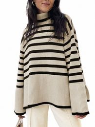 black And White Stripe Sweater Streetwear Loose Tops Women Pullover Female Jumper Lg Sleeve Turtleneck Knitted Ribbed Sweaters l1zj#