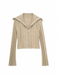 trafza Women Fi Solid Knitted Cardigan Female Chic Zipper Lapel Texture Decorate Lg Sleeve Slim Short Sweaters Cardigan T8dp#