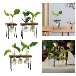 Vases Glass Vase With Wooden Stand Flower Pot Display Flowers Hydroponic For Wedding Farmhouse Country Center Table