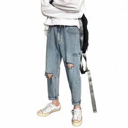 foufurieux Summer Ripped Jeans Men Fi Wide-leg Jeans Men Streetwear Korean Loose Hip-hop Hole Straight Denim Trousers Mens 92eb#