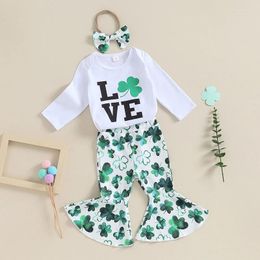 Clothing Sets Born Baby Girl St Patrick S Day Outfit Long Sleeve Letter Romper Clover Flare Pants Headband 3Pcs Set