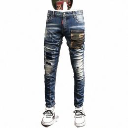 street Fi Men Jeans Retro Wed Blue Elastic Slim Fit Ripped Jeans Camo Pocket Designer Spliced Hip Hop Denim Pants Hombre e4bX#