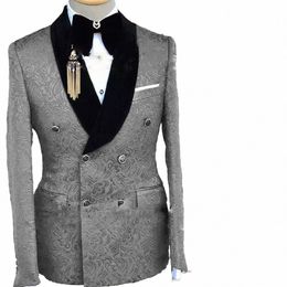 Grey Formal Suit for Men Floral Jacket Pants 2 Piece Set Party Wedding Groom Tuxedo Elegant Men's Suit Handsome Blazer d3jJ#