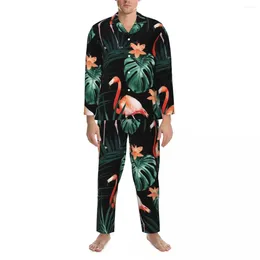 Home Clothing Palms Floral Print Pajama Set Tropical Flamingo Night Romantic Sleepwear Man Long-Sleeve Casual Room 2 Piece Suit Plus Size