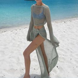 Yiiciovy Women Summer 2PCS Beachwear Bikini Cover-Ups Sexy Long Sleeve Knitted Hollow Crop Tops Split Long Skirt Crocheted Set 240315