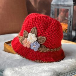 Berets Short Brim Fisherman Hat Stylish Women's Knitted Woollen Hats With Flower Decor Autumn Winter Thickened Dome Top For Cold