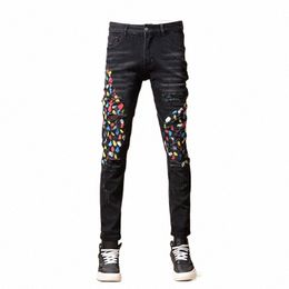 street Fi Men Jeans Retro Black Gray Stretch Skinny Fit Ripped Jeans Men Painted Designer Hip Hop Denim Pencil Pants Hombre S92A#