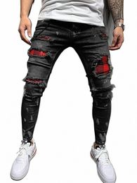 men's Skinny Ripped Jeans Fi Grid Beggar Patches Slim Fit Stretch Casual Denim Pencil Pants Painting Jogging Trousers Men j7mm#