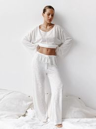 Hiloc Transparent Loose Sleepwear Womens Home Clothes Round Neck TwoPiece Set Long Sleeve Drawstring Suit For Women Sets 240326