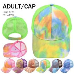 Party Supplies Fashion Tie-dye Ponytail Hats 6 colors Mesh Hollow Messy Bun Baseball Cap Summer Trucker Hats 0328