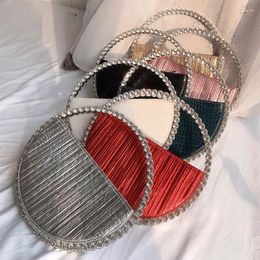 Shoulder Bags Rhinestone Circular Handle Evening Bag Women 2024 Elegant Designer Diamonds Round Red Clutch Purse Ladies Chic Handbag Party