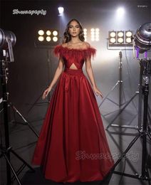 Party Dresses Dark Red Feathers Satin A Line Evening Off The Shoulder Long Simple Prom Special Occasion Dress For Women 2024
