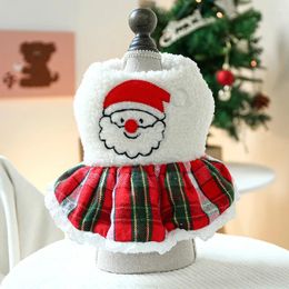 Dog Apparel Christmas Clothes For Dogs White Jacket With Santa Claus Puppy England Plaid Skirt Winter Dress Small Cat Costume
