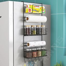 Racks Wall Hanging Fridge Side Shelf Storage Organizer Kitchen Storage Refrigerator Rack Paper Towel Holder Home Wall Shelf with Hooks