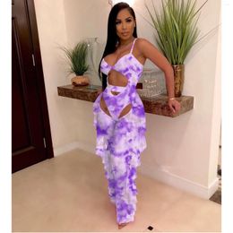 Women's Two Piece Pants Summer Beach Sexy Club Outfits For Women Clothes Hollow Out Tie Dye Set Slim Bodysuit And Ruffles Swimsuit