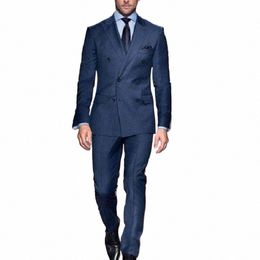 2024 New Custom Made Double Breasted Dark Blue Men Suits Casual Male Blazers Slim Fit Groomsmen 2 Pieces Costume men clothing J7ab#